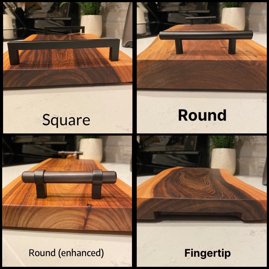Charcuterie board handle styles compared: square, round, enhanced round and finger grip