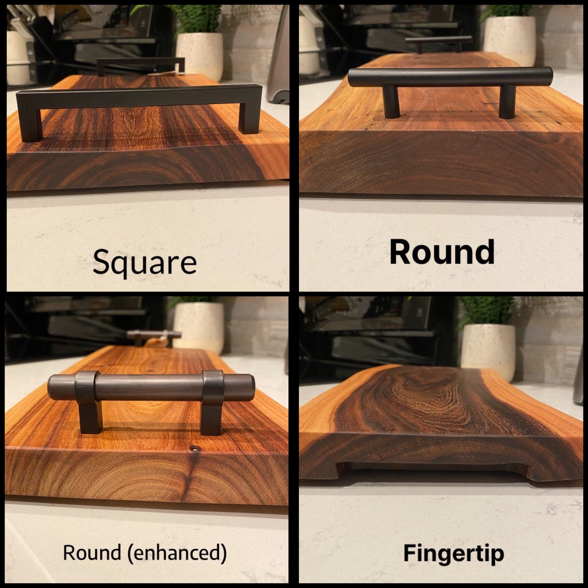 Charcuterie board handle styles compared: square, round, enhanced round and finger grip