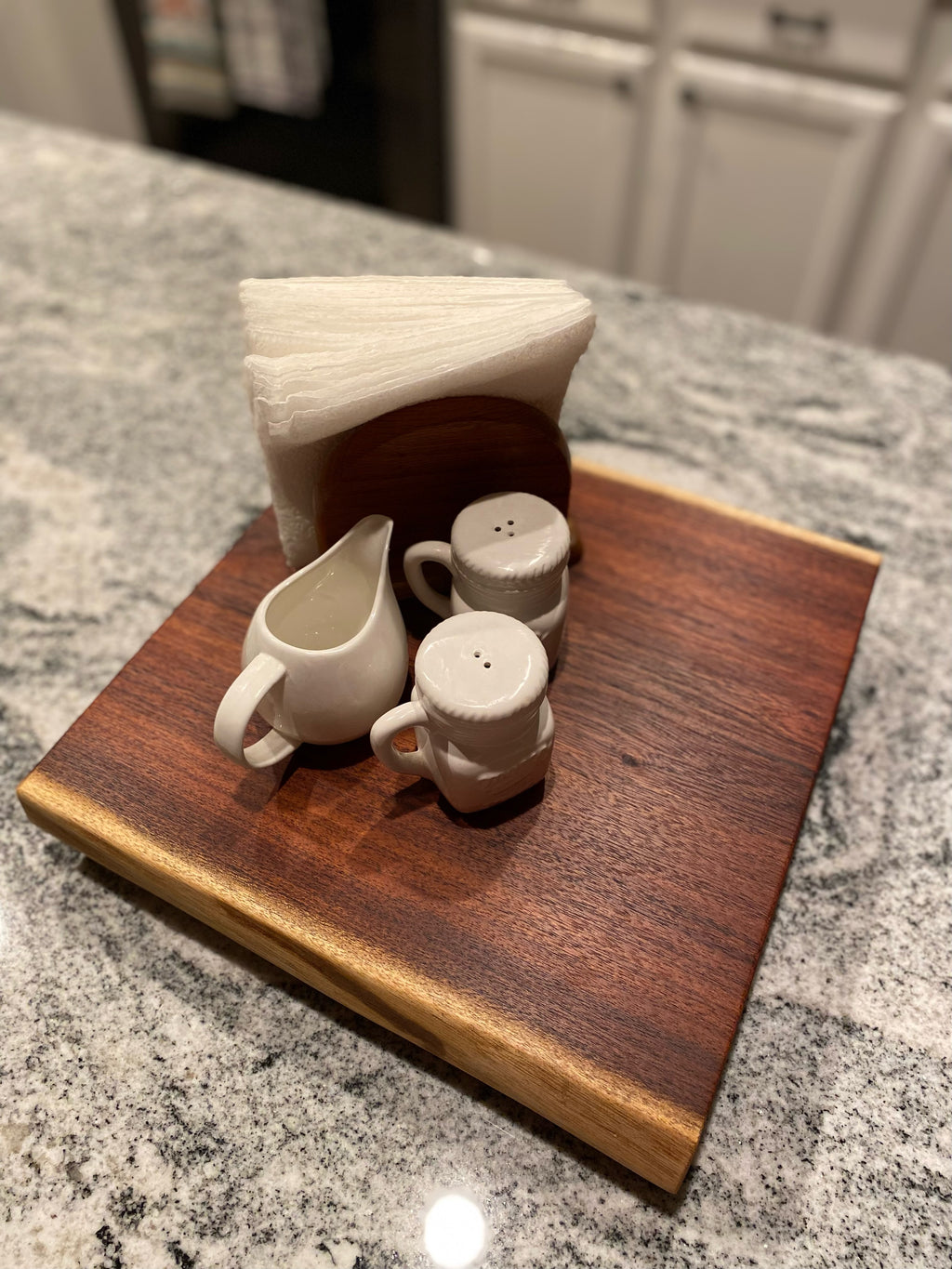 Live edge lazy Susan used as a table centerpiece
