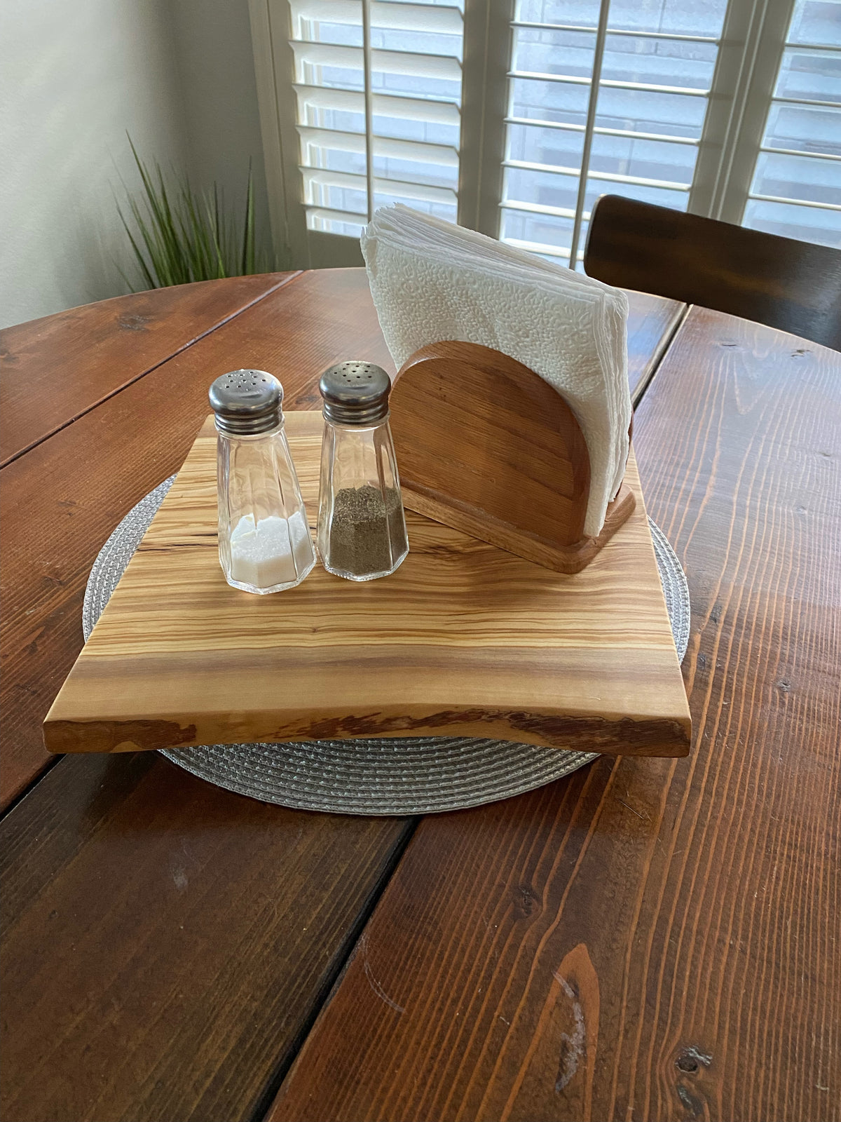 Live edge lazy Susan centerpiece with table accessories