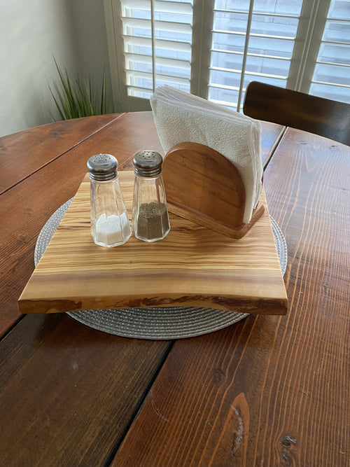 Live edge lazy Susan centerpiece with table accessories