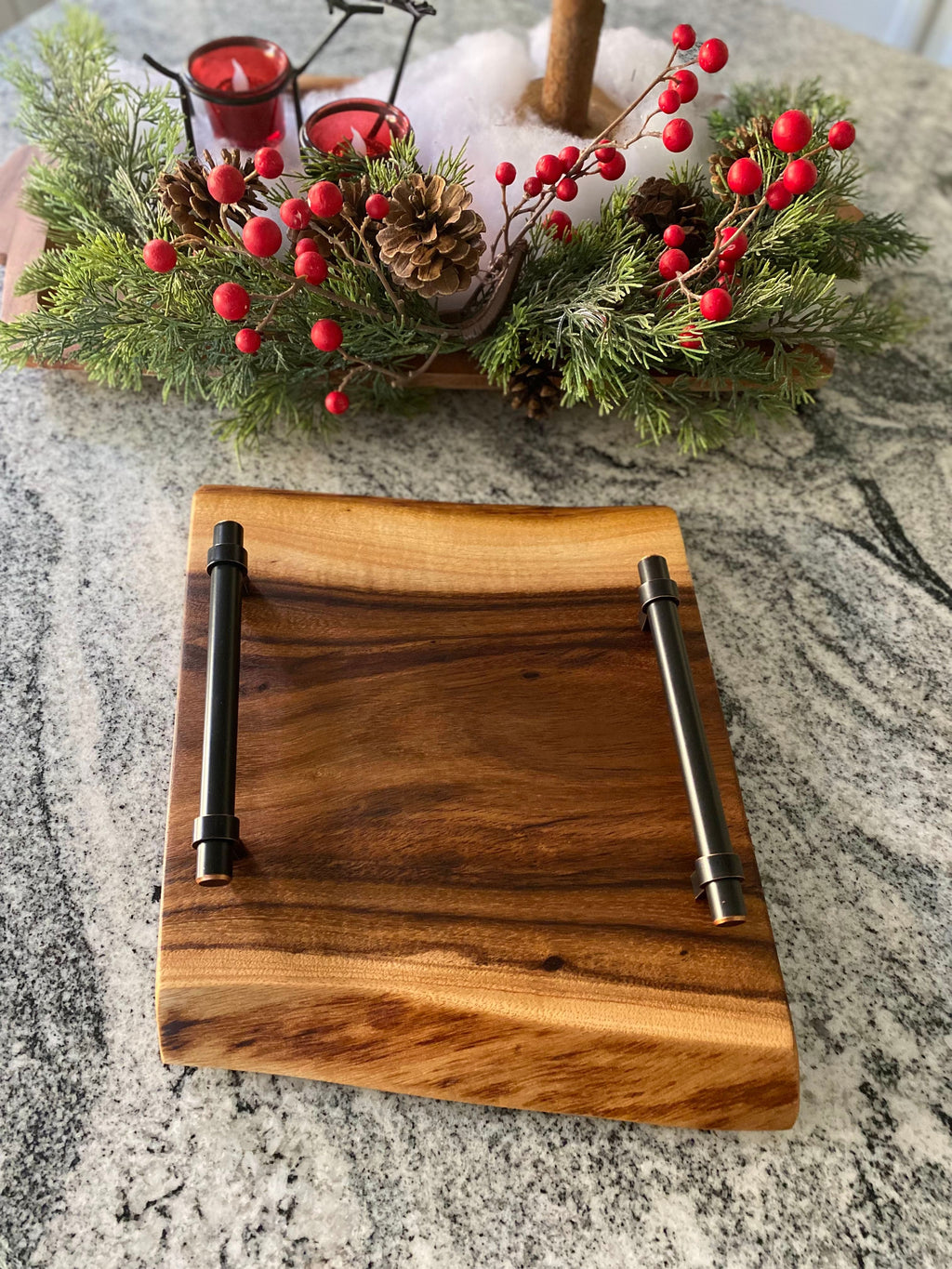 Small live edge wood charcuterie board with enhanced round handles