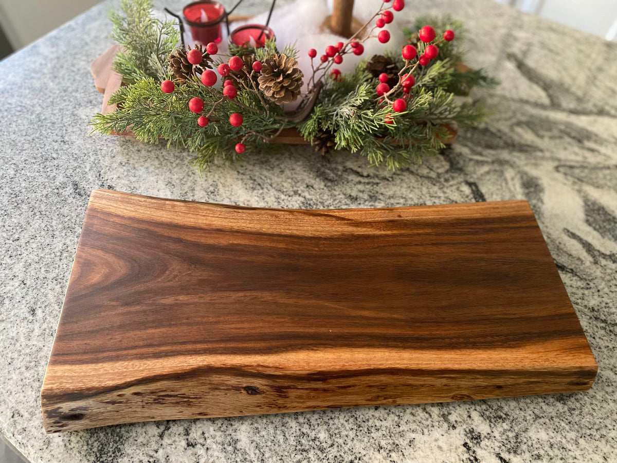 Live edge wood charcuterie board with finger grip handles, medium size