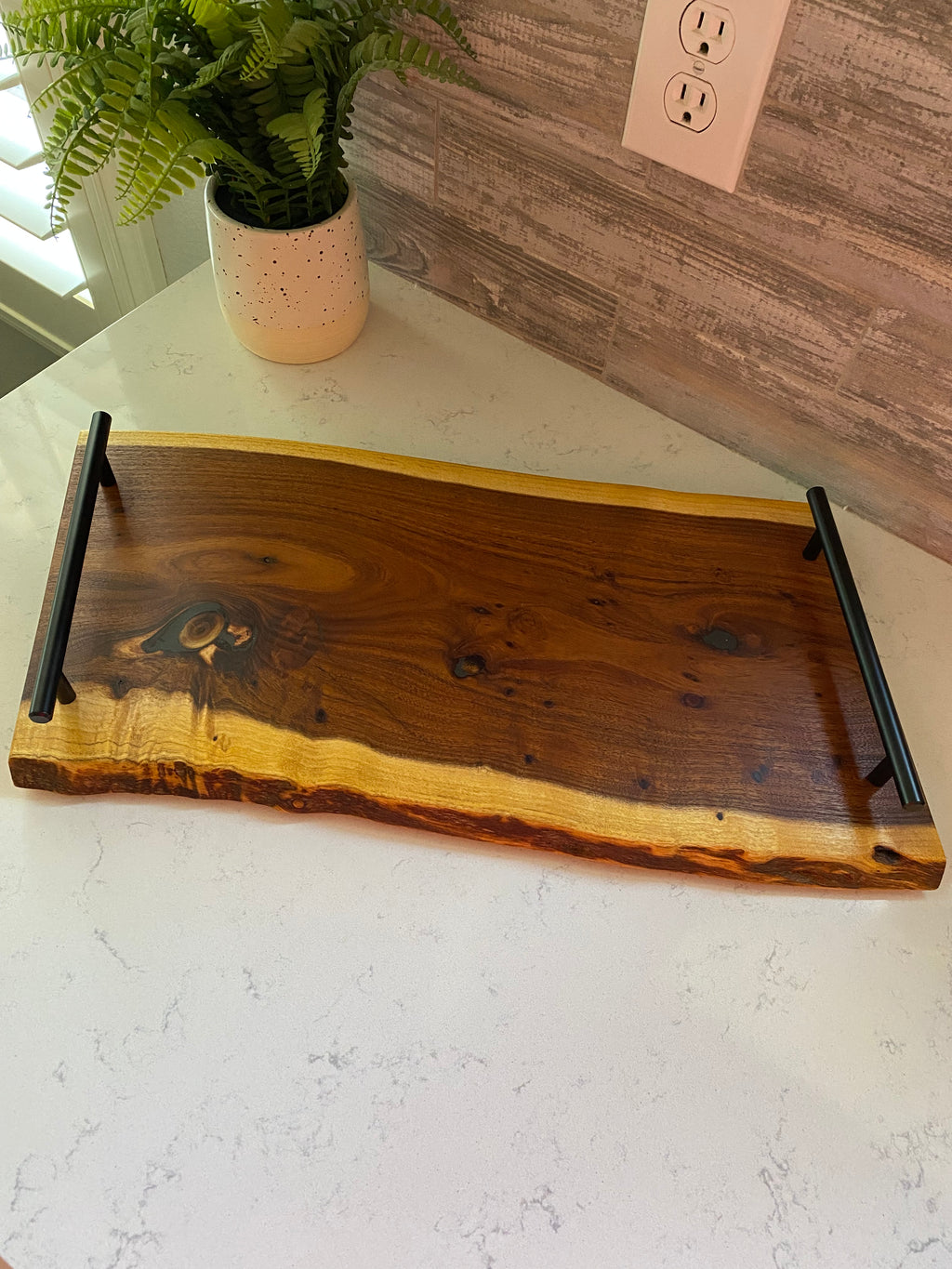 Large live edge wood charcuterie board with round handles