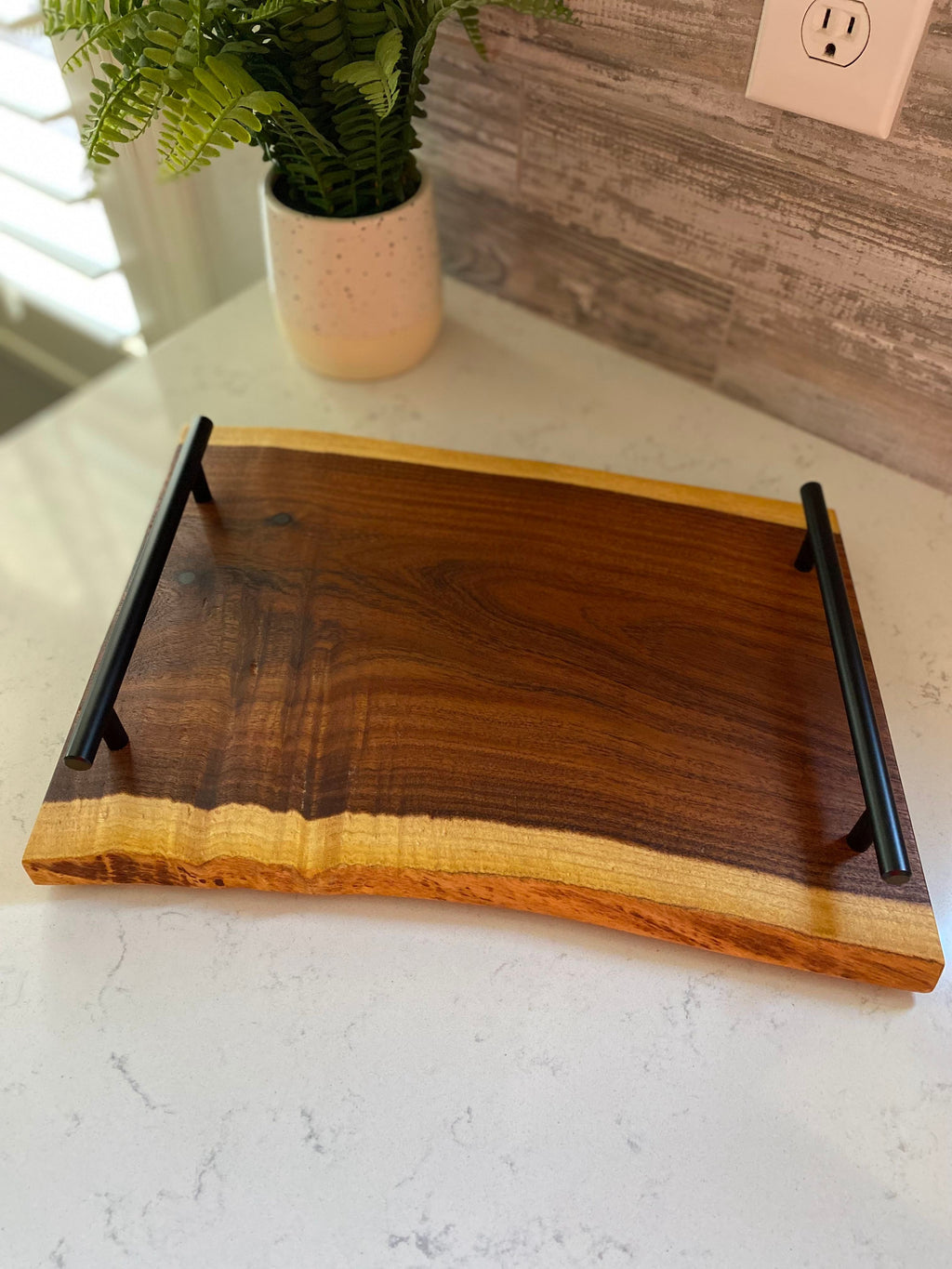 Medium live edge wood charcuterie board with round handles