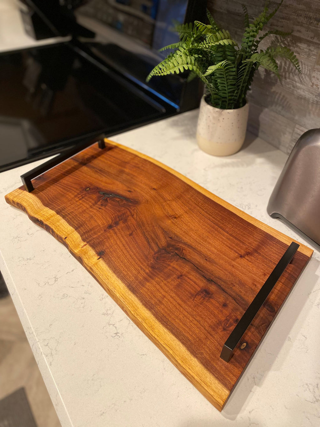 Large live edge wood charcuterie board with square handles