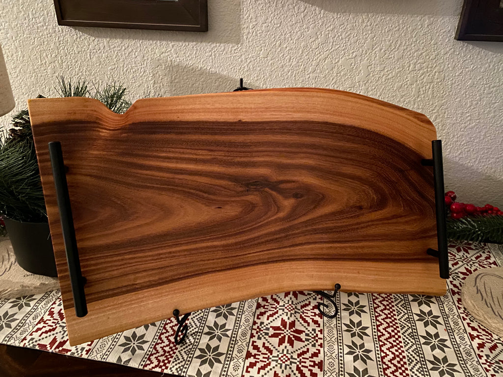 Medium live edge wood charcuterie board with square handles