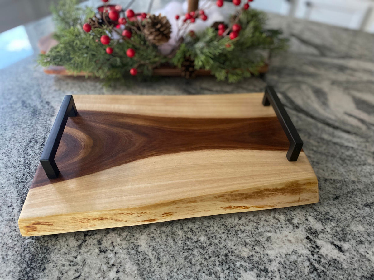 Small live edge wood charcuterie board with square handles